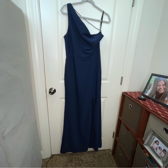 After Six Dessy Crepe One Shoulder Draped Cowl Neck Maxi Dress Sz 10 - Picture 5 of 16